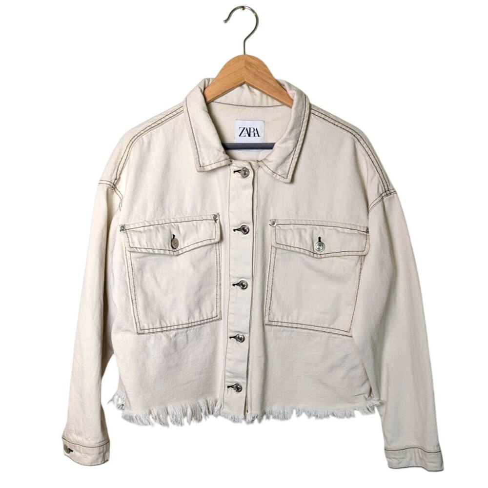 Zara Denim Neutral Contrast Boxy Crop Raw Hem Jacket Women Size M Grunge Trucker